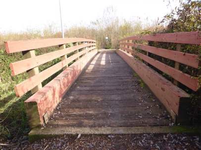 Bark chip trail – wooden foot bridge with railing – possible lip at transition